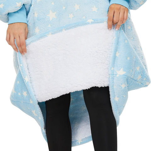 Extra-long Wearable Blanket Hoodie for Adults, Luminous Blue, Glow in the Dark