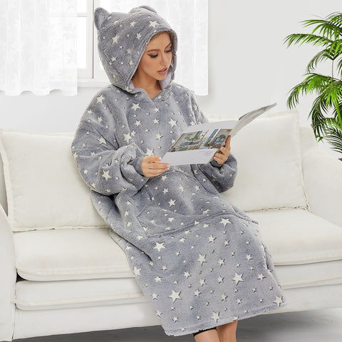 Extra-long Wearable Blanket Hoodie for Adults, Luminous Grey, Glow in the Dark