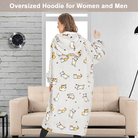 Extra-long Wearable Blanket Hoodie for Adults, Cat
