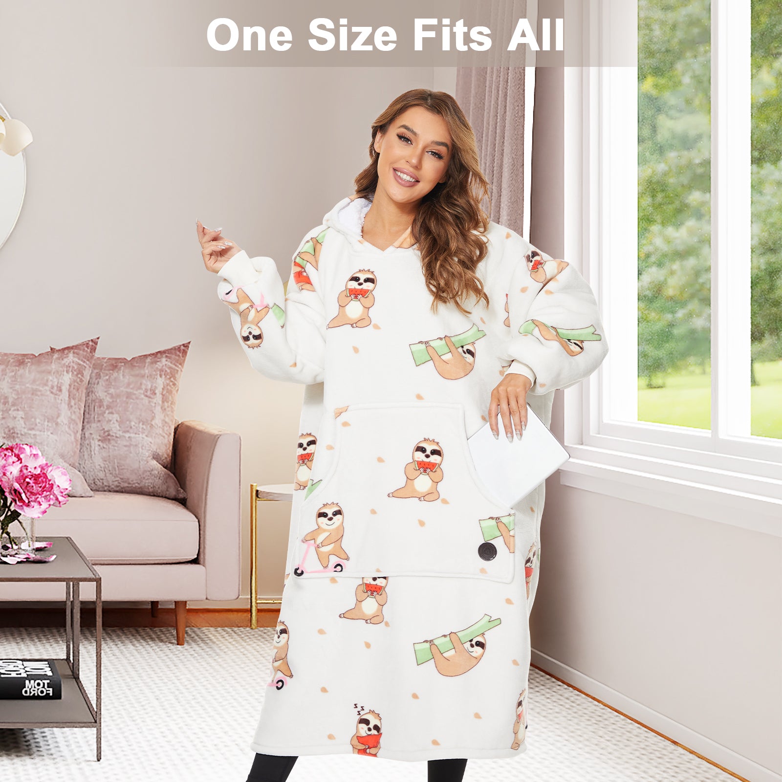 Extra-long Wearable Blanket Hoodie for Adults, Sloth