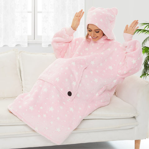 Extra-long Wearable Blanket Hoodie for Adults, Luminous Pink, Glow in the Dark