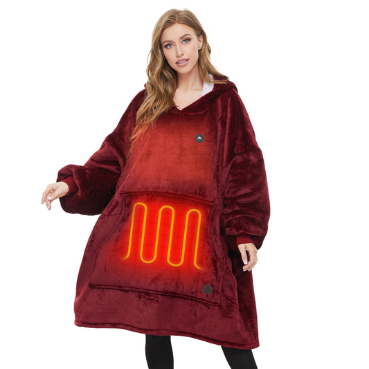 Burgundy Heated Wearable Blanket Hoodie for Adults