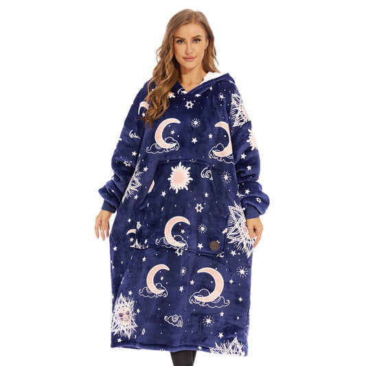 Extra Long Luminous Moon Stars Wearable Blanket Hoodie for Adult, Glow in the Dark