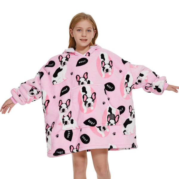 Pink Bulldog Wearable Blanket Hoodie for Kids