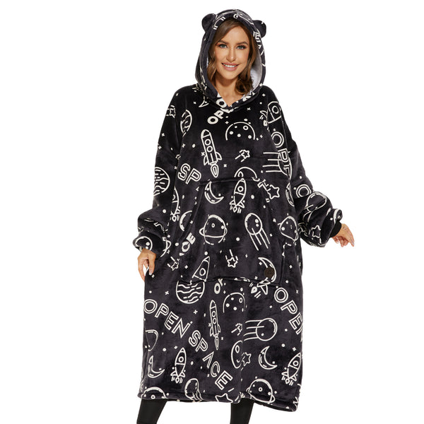 Extra-long Wearable Blanket Hoodie for Adults, Luminous Black, Glow in the Dark