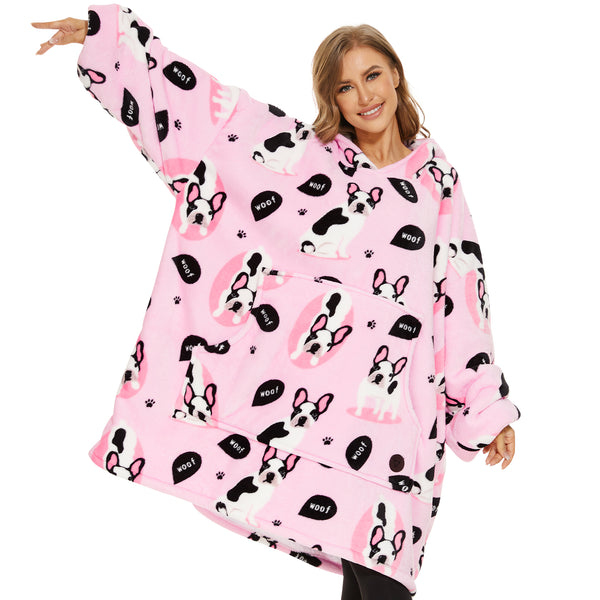 Pink Bulldog Wearable Blanket Hoodie for Adults