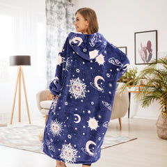 Extra Long Luminous Moon Stars Wearable Blanket Hoodie for Adult, Glow in the Dark