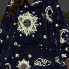 Extra Long Luminous Moon Stars Wearable Blanket Hoodie for Adult, Glow in the Dark