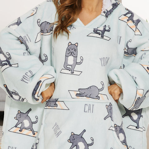 Extra-long Wearable Blanket Hoodie for Adults, Yoga Cat