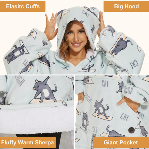 Extra-long Wearable Blanket Hoodie for Adults, Yoga Cat