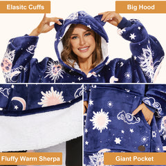 Extra Long Luminous Moon Stars Wearable Blanket Hoodie for Adult, Glow in the Dark