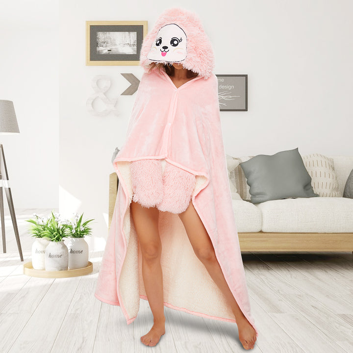 Coiry Wearable Blanket Warm Hooded Wrap with Gloves Rabbit Ears (Lotus Pink  S)