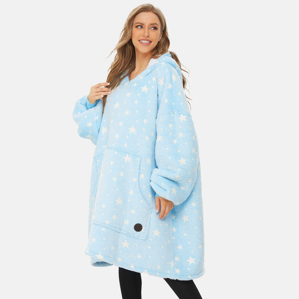Luminous Blue Wearable Blanket Hoodie for Adults, Glow in the Dark