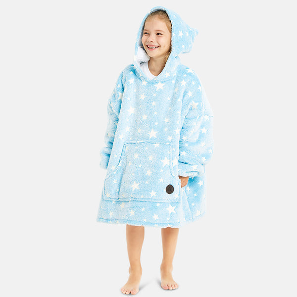 Luminous Blue Wearable Blanket Hoodie for Kids, Glow in the Dark