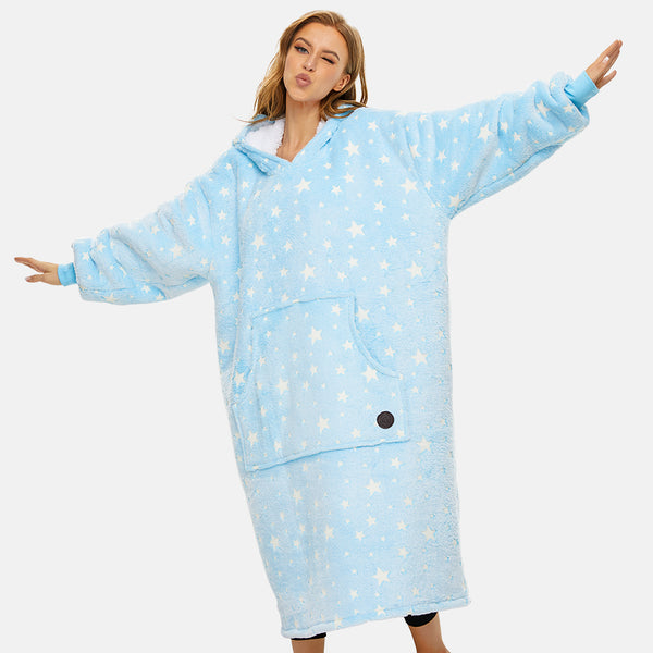 Extra-long Wearable Blanket Hoodie for Adults, Luminous Blue, Glow in the Dark